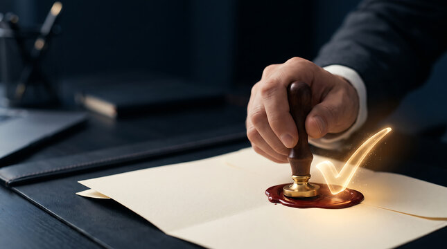 Businessman using a wax seal stamp on a document at a desk