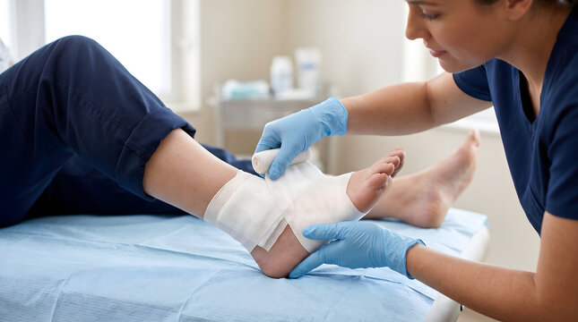 Close-up of a Nurse wrapping an elastic bandage around a patient's foot and ankle