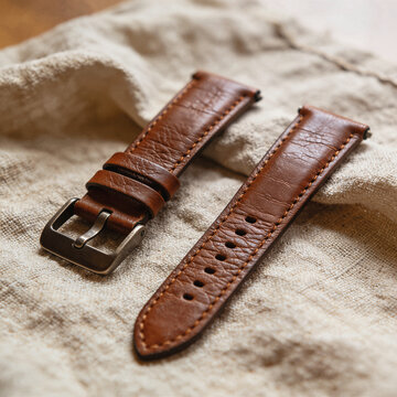 Two brown leather watch straps with buckles resting on beige linen