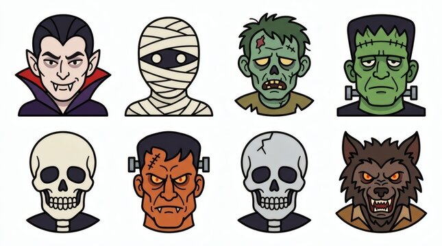 Flat Vector Halloween Monster Head Portraits Vampire Mummy Zombie Frankenstein Skeleton Werewolf

