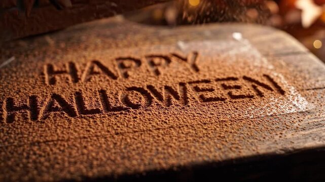 Happy Halloween message stenciled with cocoa powder on a rustic wooden surface, with a soft, festive background blur.