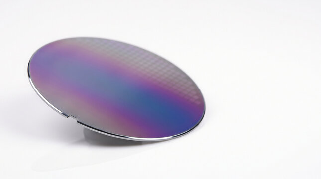 Silicon wafer with iridescent die grid and notch resting on a white surface technology background