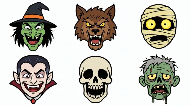 Flat Vector Classic Monster Faces Cartoon Expressions Witch Werewolf Mummy Vampire Skeleton Zombie

