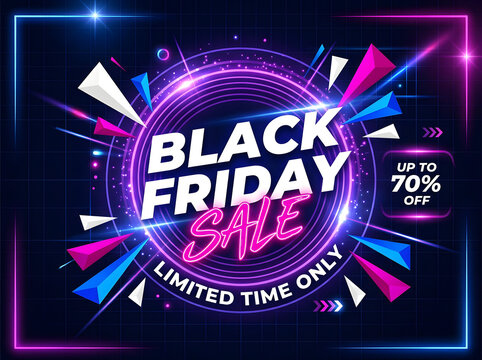 Black Friday sale banner with neon glowing circular frame and geometric shapes