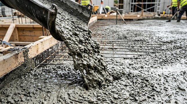 Pouring wet concrete onto steel rebar at construction site