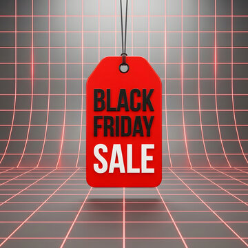 Red Black Friday sale tag hanging against a dark grid background
