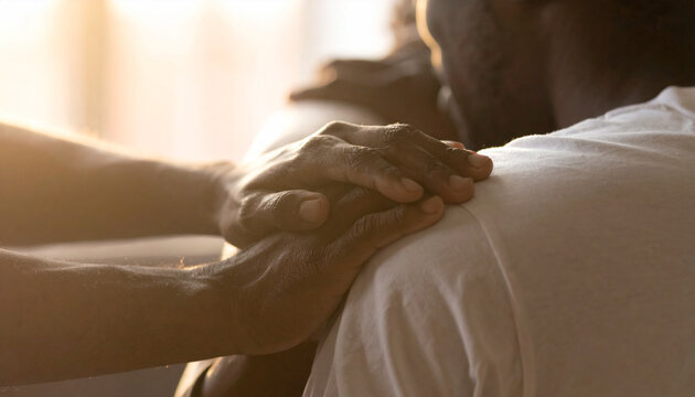 Comfort and Support: Close-up of two hands gently resting on a person's shoulder, offering solace and reassurance during a moment of distress, bathed in warm sunlight.