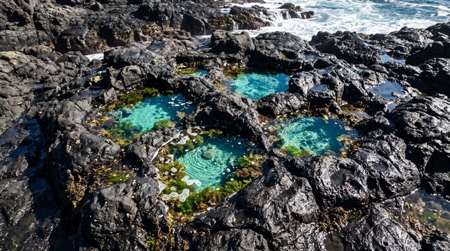 Volcanic rock formations with vibrant tide pools reflecting sunlight along coastal shoreline