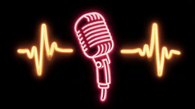 Glowing neon microphone with heartbeat soundwave line for podcast music audio meme overlay background element