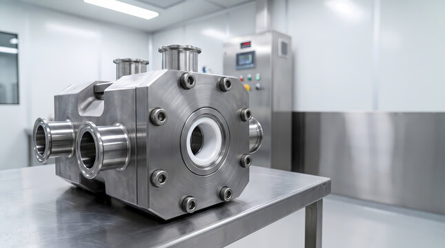 Stainless steel sanitary lobe pump housing block in cleanroom