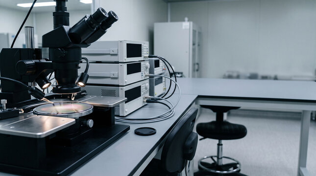 Semiconductor wafer inspection microscope with probes and stacked test instruments in a clean lab