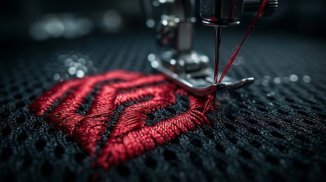 Red embroidery stitching on black mesh fabric