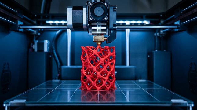 Red lattice structure being created by 3D printer