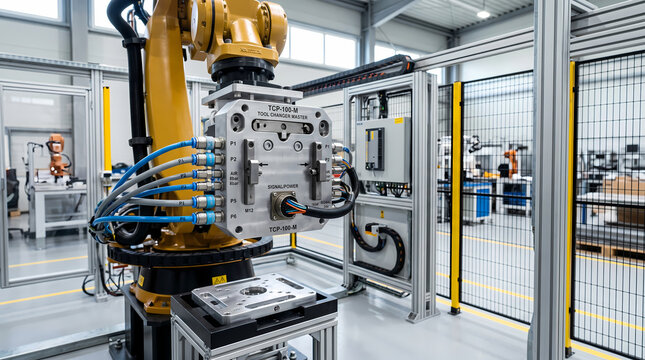 Automatic tool changer master plate mounted on industrial robotic arm