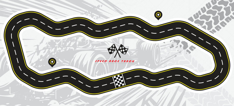 Speed Race Background. Race track in black color with tyre marks and city map on a white background.
