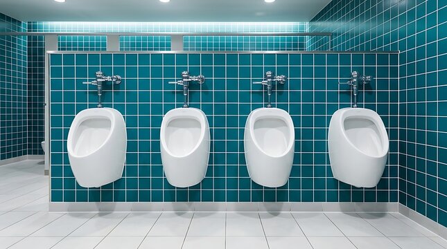 Row of white ceramic urinals mounted on a modern teal tiled wall in a commercial men's restroom