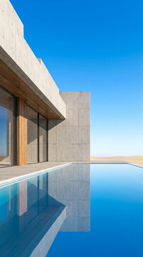 Modern concrete villa exterior with swimming pool under blue sky