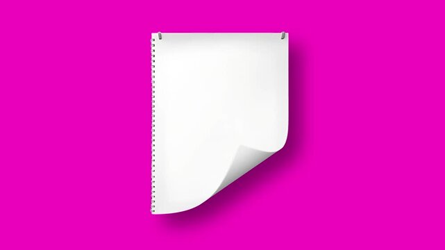 White notebook paper sheet with perforated edge and curled corner turning softly, seamless loop on magenta background, realistic shadow, minimal motion graphics overlay for notes and titles