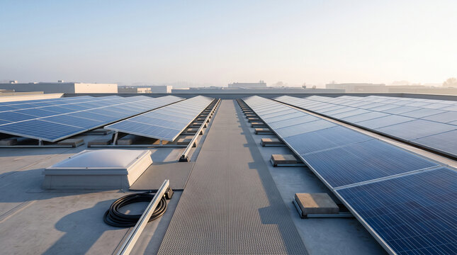Commercial rooftop solar panel array with a maintenance walkway and skylight in soft morning light