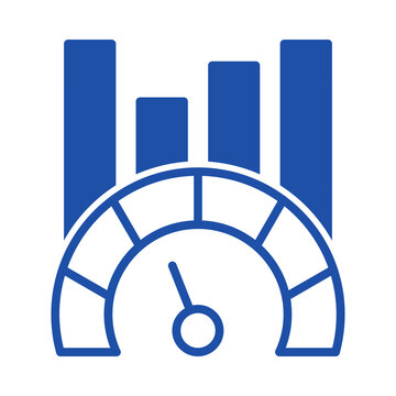 Blue flat icon showing a speedometer gauge combined with bar chart growth analysis transparent background