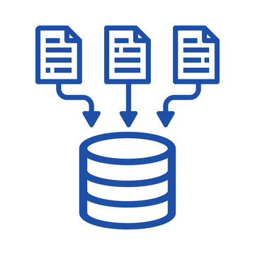 Blue flat icon showing data migration from multiple documents into database transparent background