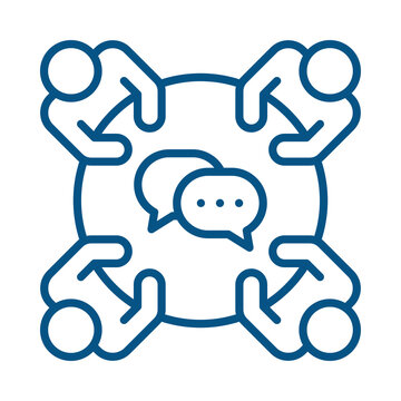 Blue outline icon of people sitting around a circular table discussing business transparent background