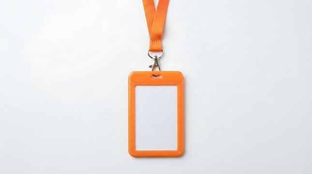 Empty orange lanyard card holder with blank white insert on white background