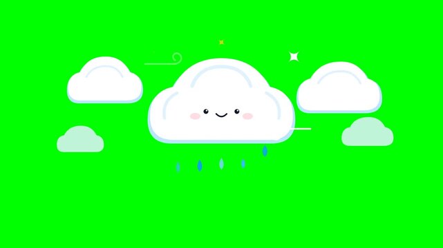 Cute smiling cartoon cloud character raining with wind and sparkles on green screen