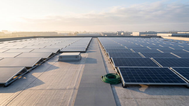 Solar panels on a flat factory roof with walkway and coiled hose at sunrise, renewable energy