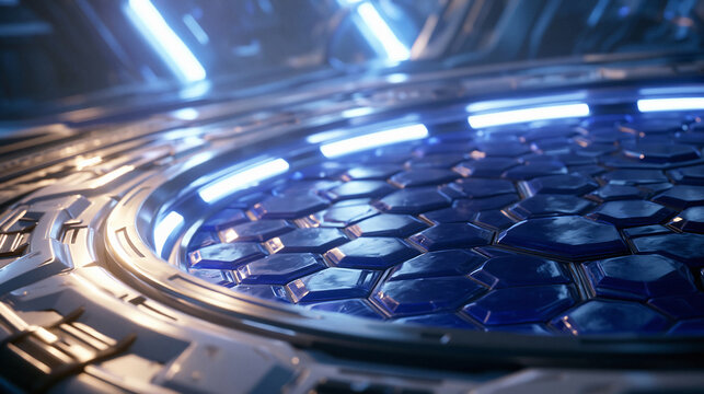 Ai generated sci-fi circular hatch with blue glowing hexagonal grid pattern sci fi technology