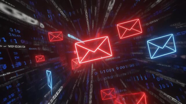 Scam email alert and digital phishing threat in neon data tunnel