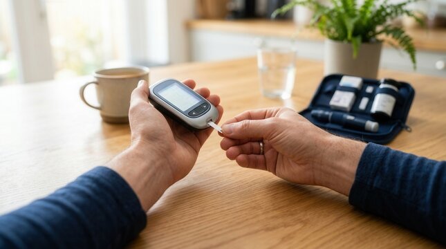 Close-up of person checking blood sugar levels with a glucose meter at home, featuring a coffee cup, water, and a diabetes kit on a wooden table.