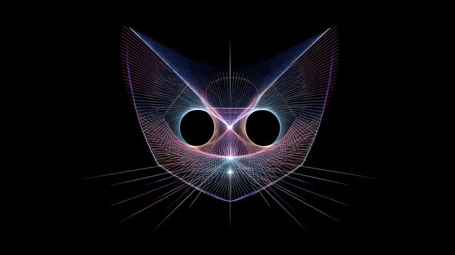 Geometric glowing string art cat face with symmetrical laser lines and circles on black background, futuristic animal illustration