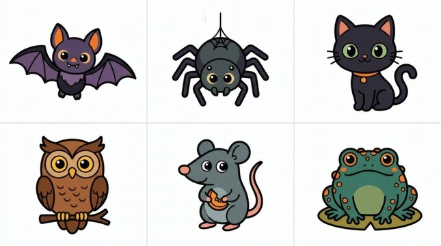 Flat Vector Small Halloween Creature Companions Tiny Bat Spider Cat Owl Rat Toad


