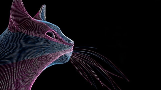 Futuristic digital wireframe cat profile made of glowing pink and blue string lines on dark background, modern animal tech art