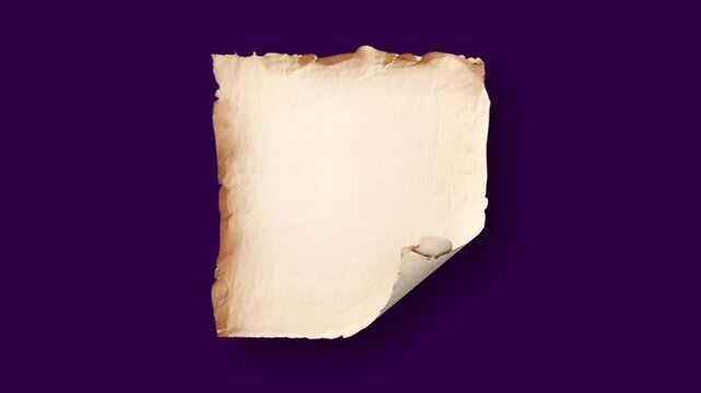  Vintage torn parchment paper note card gently floating in seamless loop on purple background, realistic aged texture with shadow, motion graphics overlay element for fantasy scroll, invitation card, 