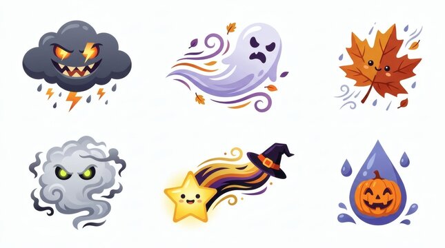 Flat Vector Halloween Weather Sky Elements Personified Storm Cloud Wind Leaf Fog Star Raindrop

