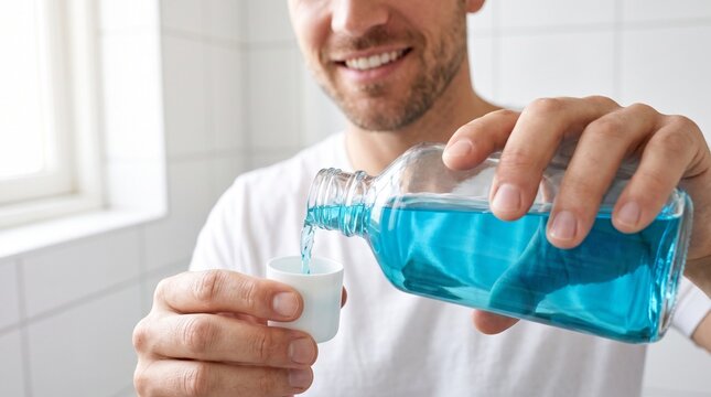 Ultra-realistic close-up commercial photography of an adult man practicing daily oral hygiene, carefully pouring bright blue mouthwash from a transparent bottle into a small white measuring cap.