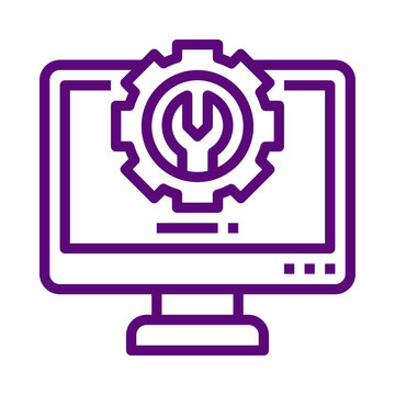 Purple outline icon of a computer monitor with gear and wrench symbol representing technical support and maintenance transparent background