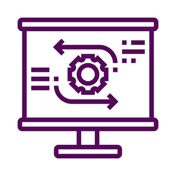 Purple outline icon of a computer monitor displaying gear and process workflow symbols transparent background