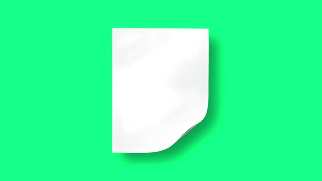  Blank white paper sheet with curled corner flipping gently, seamless loop on green screen background, clean minimal realistic shadow, motion graphics overlay for document reveal, promo sticker, or ti