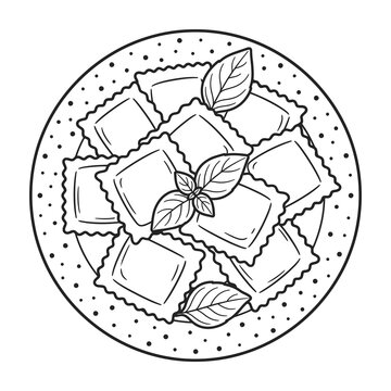 Hand drawn black and white outline of ravioli pasta dish on plate with basil leaves