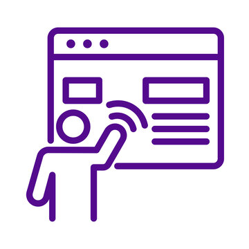 Purple outline icon of a person interacting with a browser window interface transparent background