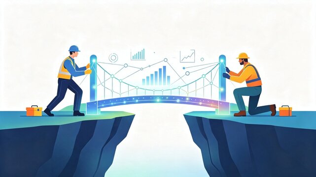 Engineers building a digital data bridge with growth charts across chasm, business connection concept