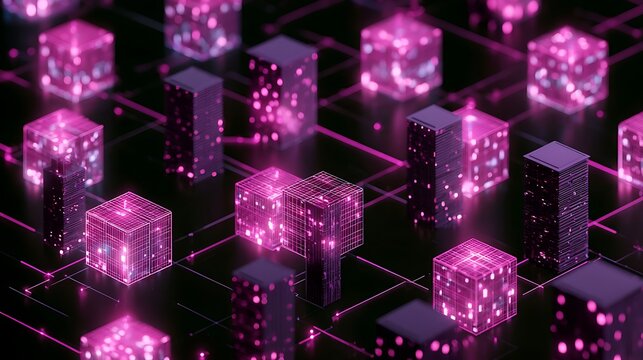 real estate tokenization concept, glowing skyscrapers converted into digital asset cubes, blockchain network