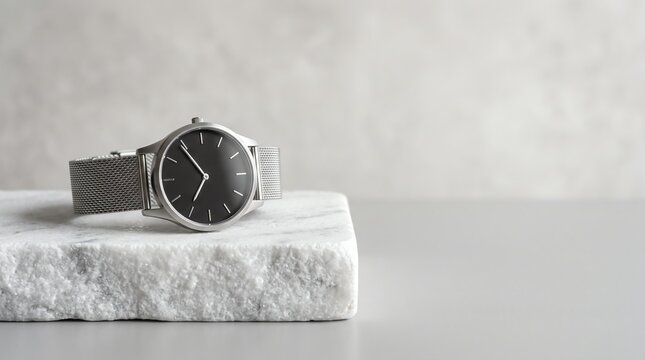 wrist watch with black dial sitting on white marble slab modern accessory mockup