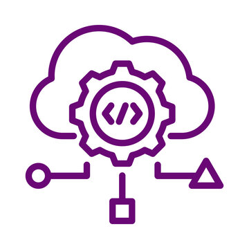 Purple outline icon of cloud computing with gear and programming code symbols transparent background