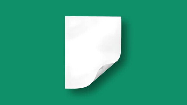 Blank white paper sheet with curled corner flipping slowly, seamless loop on teal green background, clean realistic shadow, minimal motion graphics overlay for posters, announcements, and presentation