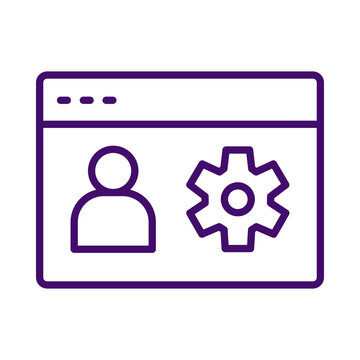 Purple outline icon representing user account settings inside a simple browser window interface transparent background