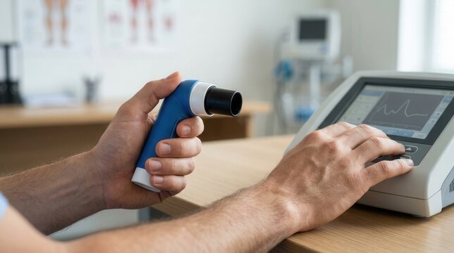 Doctor performing pulmonary function test with spirometer device and digital monitor in modern clinic setting, close-up on hands.